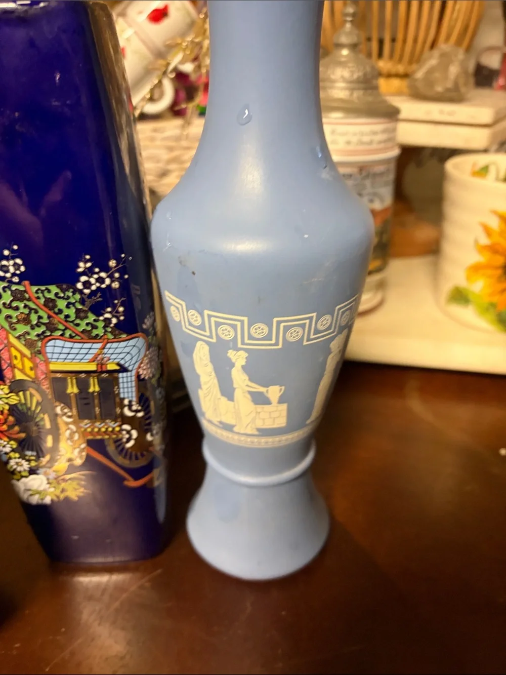 Set of Deep Cobalt Blue Decorative Ceramic Vases and Lidded Jar